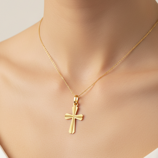 18K Yellow Gold Textured Tapered Cross Pendant Necklace
