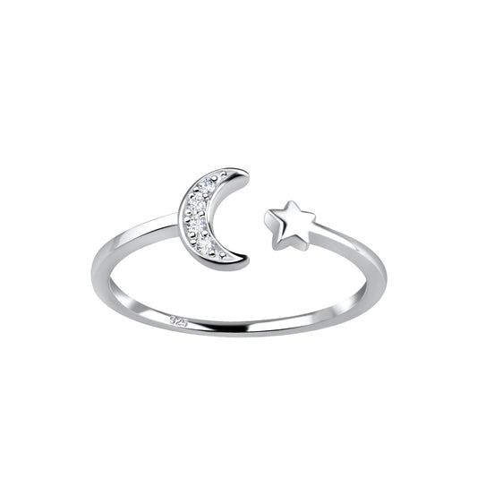 Silver Opened Ring setting with Moon and star