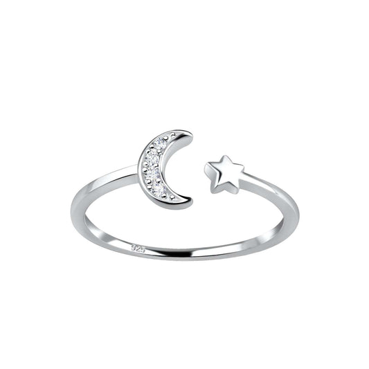 Silver Opened Ring setting with Moon and star