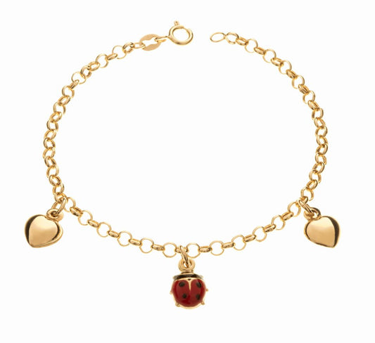 Yellow Gold Kids Bracelet with Heart and Lady bug charms, 18k, 5 1/2 to 6 Inches Adjustable, 2.39gr