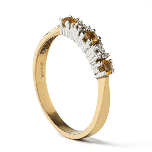 Yellow Gold Ring setting with Three Round Citrine and Two Natural Diamond, 10k