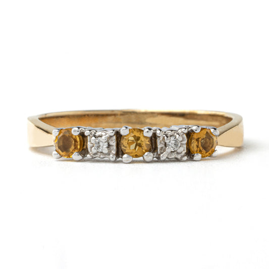 Yellow Gold Ring setting with Three Round Citrine and Two Natural Diamond, 10k