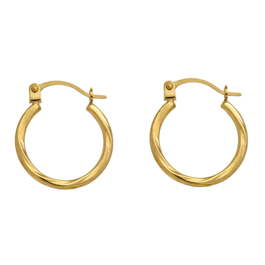 Yellow Gold Twisted Design Latch Back Hoop Earrings, 14k