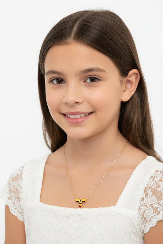 18K Yellow Gold Honey Glow Bee Charm Necklace with Yellow and black Enamel 3.11gr