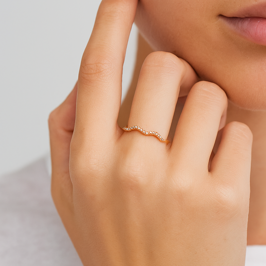 Yellow Gold Wave Diamond Stacking Ring set with 25 Round Diamonds, TDW: 0.1ct,10k