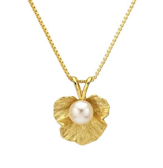 Yellow Gold Leaf Necklace setting with  one Freshwater Pearl, 14k