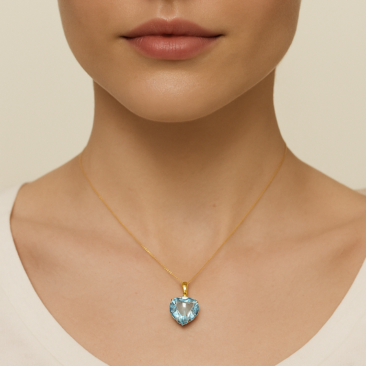 18K Yellow Gold Heart Shape Blue Topaz and Diamond Pendant TDW: 0.01ct