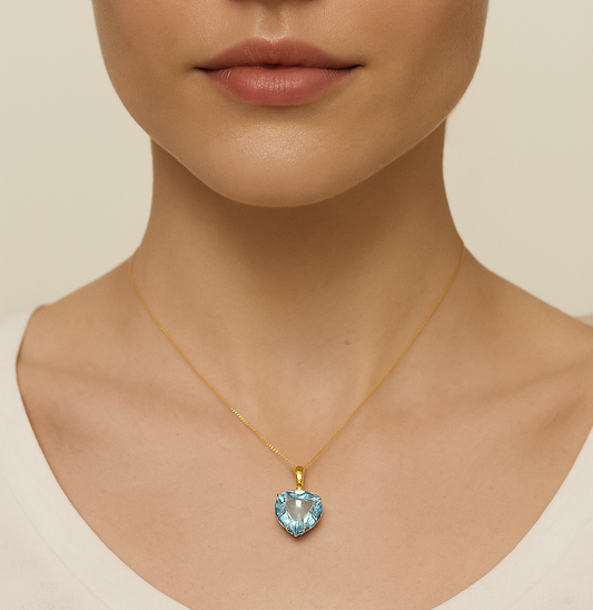 Yellow Gold Pendent with one Heart Shape Blue Topaz and one Diamond 0.01 ct, 18k