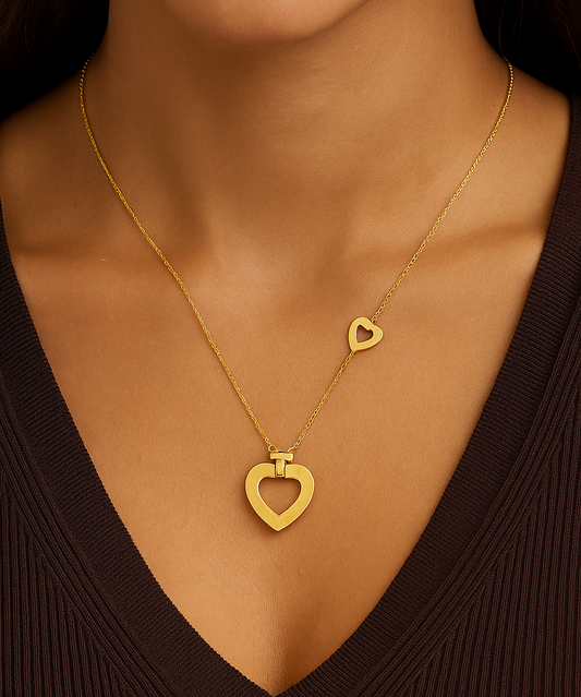 Yellow Gold Heart Necklace with one Big Heart and one small heart on side, 18k, 5.3gr