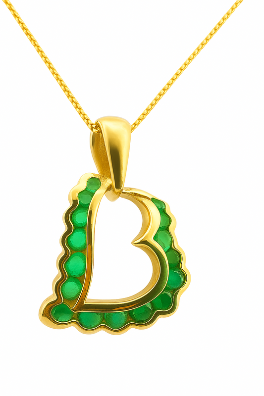 Yellow Gold Heart Pendent set with 16 Natural Emerald, 14k
