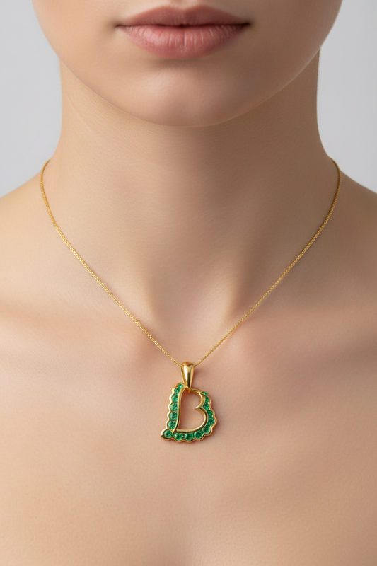 14K Yellow Gold Heart Emerald Pendant Necklace