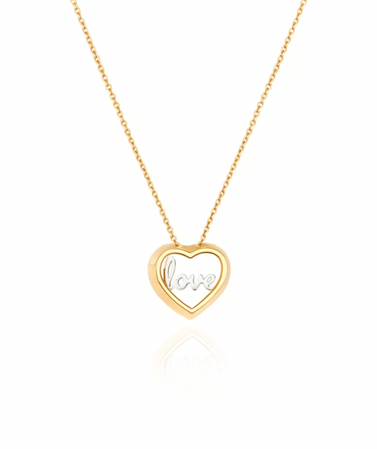 Yellow Gold Heart Necklace with white gold LOVE word inside, 18k, 4.13gr