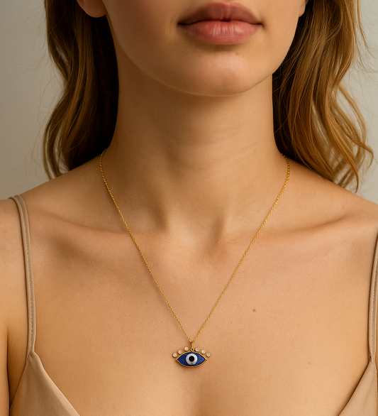 Yellow Gold Evil Eye Necklace with Blue Enamel 18k ,3.39gr