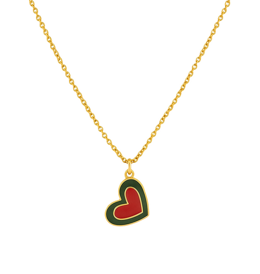 Yellow Gold Heart Necklace with Red and Green Enamel, 18k, 1.9gr