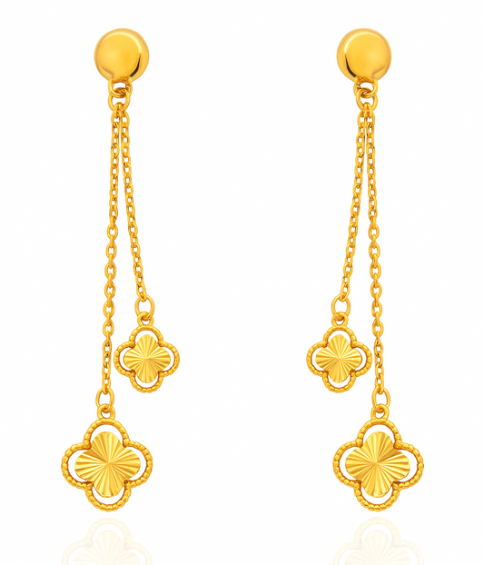 Yellow Gold Dangling Earrings with two chain and Flowers, 18k, 1.97gr
