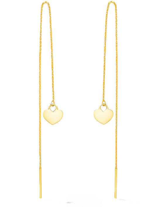 Yellow Gold  Stitch Earrings with long chain and one heart, 18k , 1.73gr
