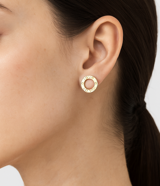 Yellow Gold Stud Circle Earrings with engraving, 18k 3.78gr