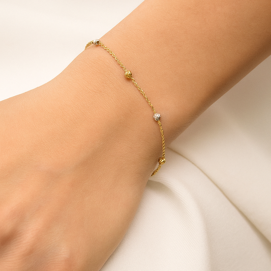 Yellow Gold station Bracelet with white gold and Yellow gold balls 18k ,1.42gr