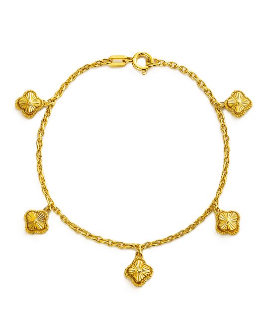 Yellow Gold Station Bracelet with dangling Clovers, 18k, 2.16gr