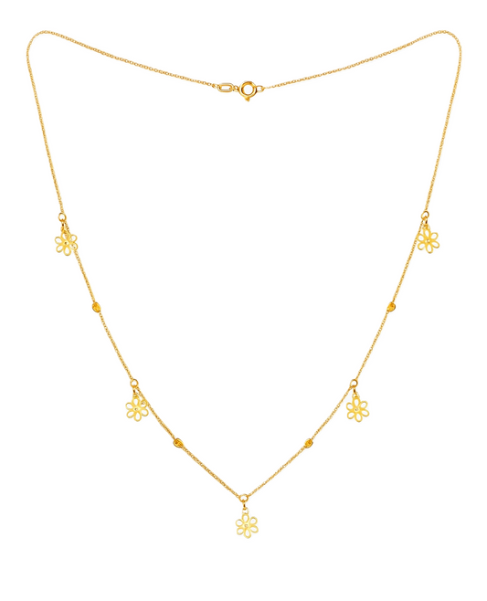 Yellow Gold Station Necklace with Flowers and Ball, 18k, 3.44gr
