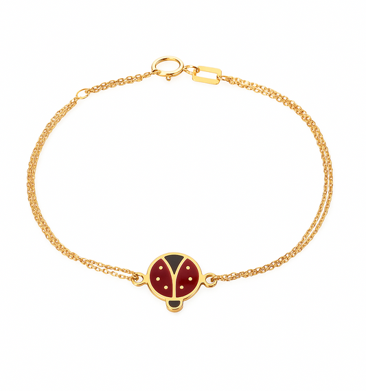 Yellow Gold Double Chain Bracelet with red enamel ladybug charm, 18k,  1,9gr, 6 inch
