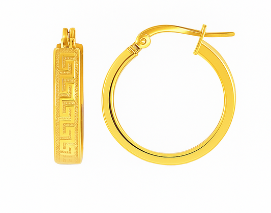 Yellow Gold Greek Key Hoop Earrings, 10k, 3gr, 3mm
