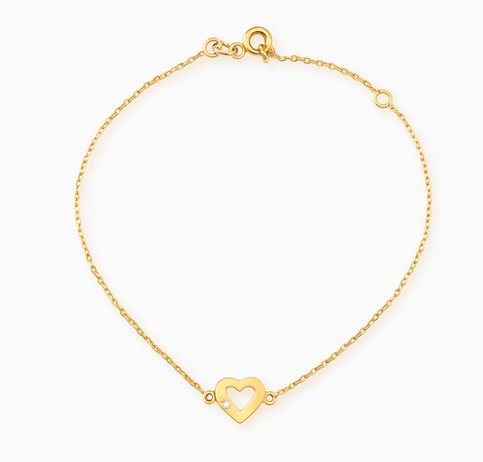Yellow Gold Bracelet with one heart setting with one setting with Cubic Zirconia, 14k,  6 1/2 to 7 1/2 Inches Adjustable