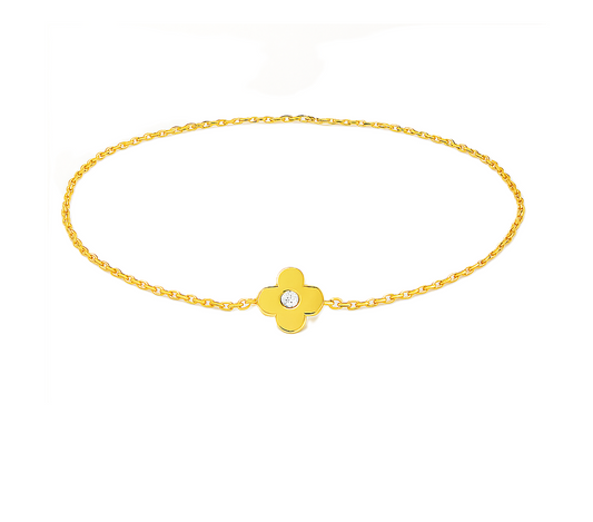 Yellow Gold Bracelet with one Flower setting with Cubic Zirconia, 14k,  6 1/2 to 7 1/2 Inches Adjustable