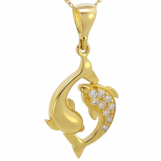 Yellow Gold  Necklace, Two Dolphines Pendant  setting with Cubic Zirconia , 14k