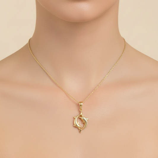 Yellow Gold Necklace, Two Dolphines Pendant setting with Cubic Zirconia , 14k