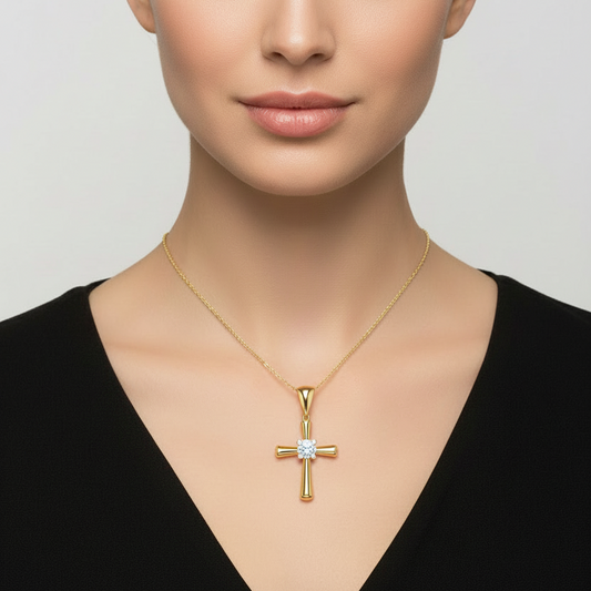 Yellow Gold Chain with CZ Cross Pendant, 14k