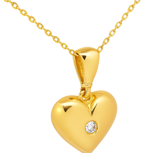 Yellow Gold Necklace with Heart Pendant setting with one Cubic Zirconia in center, 14k