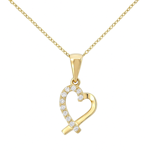 Yellow Gold Necklace  with Slanted Heart Pendant setting with Cubic Zirconia , 14k