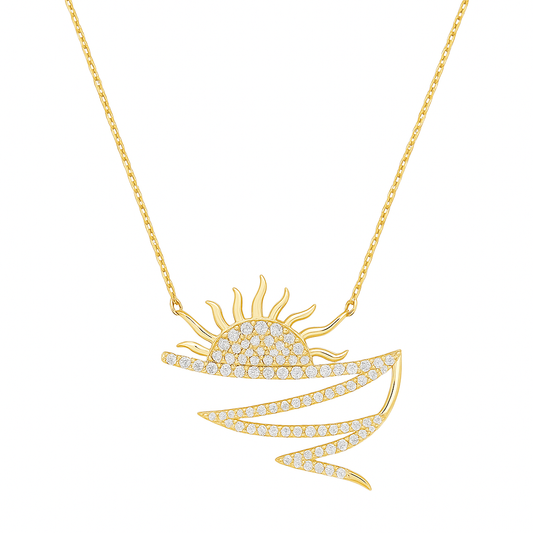 Yellow Gold Necklace with Rising Sun over Waves Pendant with CZ, 14k, 3gr, 16 inch