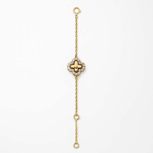 Yellow Gold Bracelet With clover setting with Cubic Zirconia, 14k, 6 1/2 to 7 1/2 Inches Adjustable