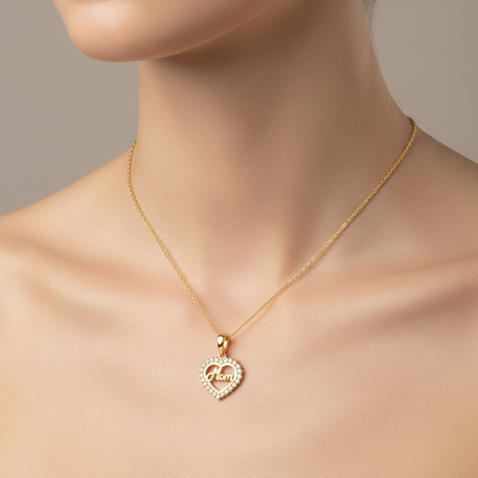Yellow Gold Necklace with Heart Pendant with the word MOM setting with Cubic Zirconia , 14k