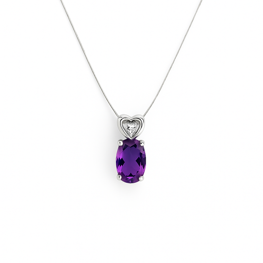 White Gold Necklace with Amethyst and Diamond, 10k