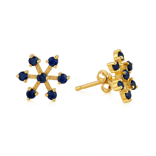 Yellow Gold Flower Stud Earrings with Synthetic Sapphire, 18k, 2gr