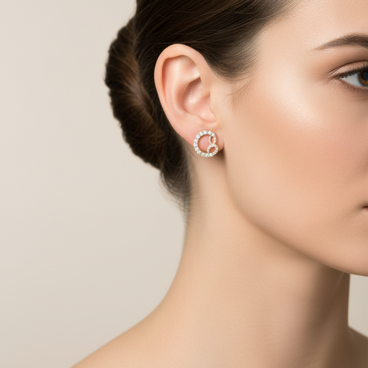 14K Two Tones Gold Diamond Interlocking Circle Stud Earrings