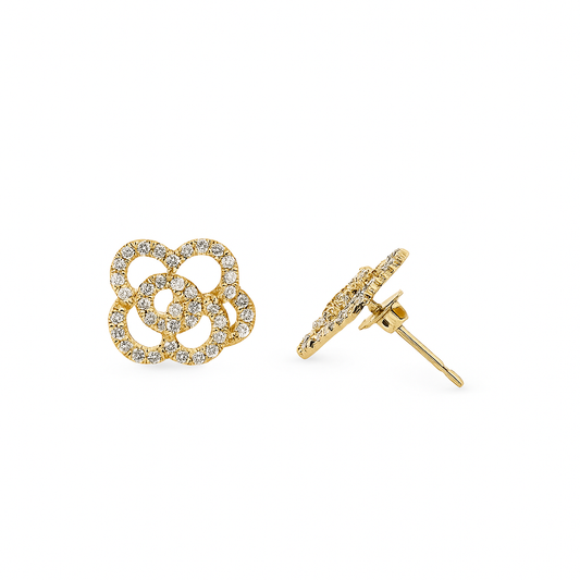 Yellow Gold Flower style Earrings setting with Diamonds, TDW: 0.5ct , VS, G-H