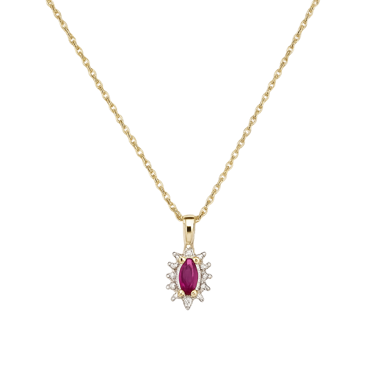 Yellow Gold Marquise Shaped Ruby and Diamond Cluster Necklace, 14k