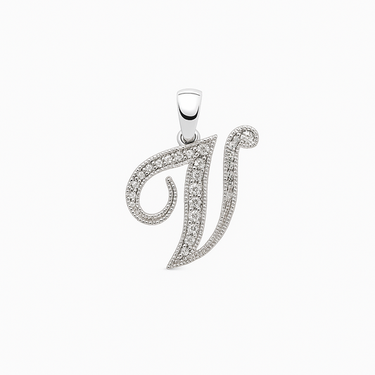 White Gold letter "V" Initial Diamond Pendant, 10k