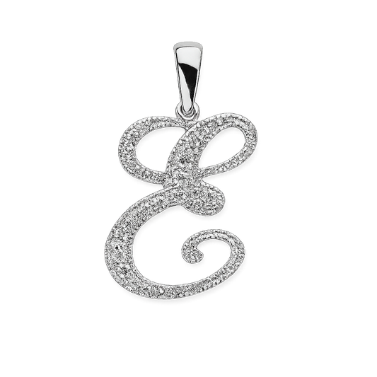 White Gold letter "E" Initial Diamond Pendant, 10k