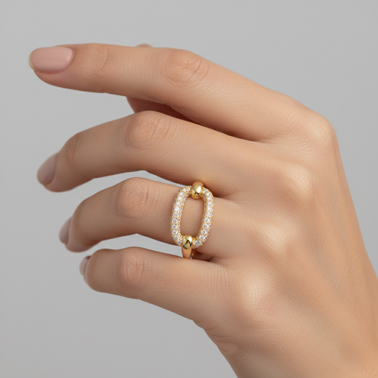 Yellow Gold Link ring with Diamond Pave, 18k, TDW: 0.48ct GH VSI