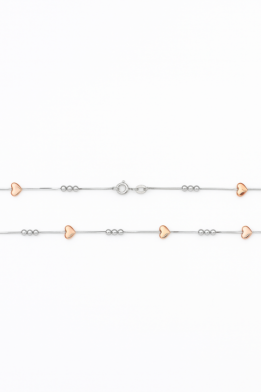 White Gold Chain with Two Tone Gold Station Heart Necklace, 18k,6.67gr