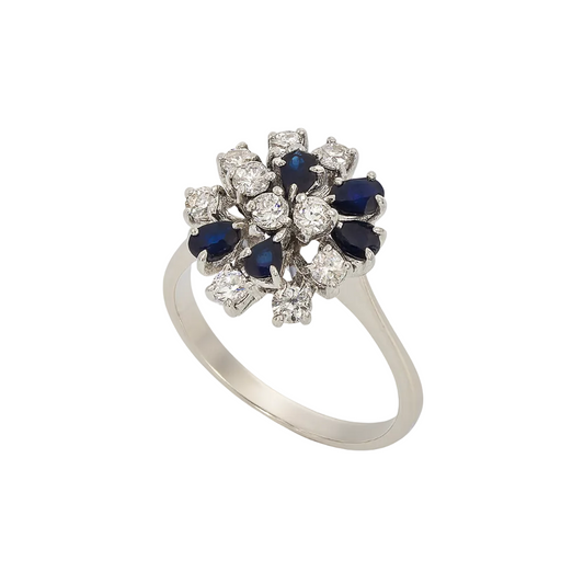 18K Vintage White Gold CZ and Sapphire Cocktail Ring