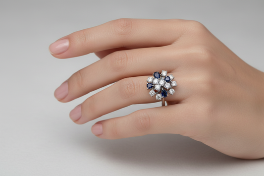 18K Vintage White Gold CZ and Sapphire Cocktail Ring