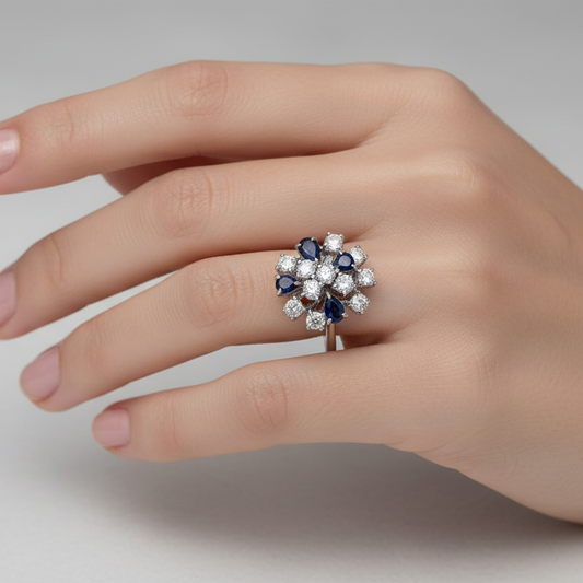 18K Vintage White Gold CZ and Sapphire Cocktail Ring