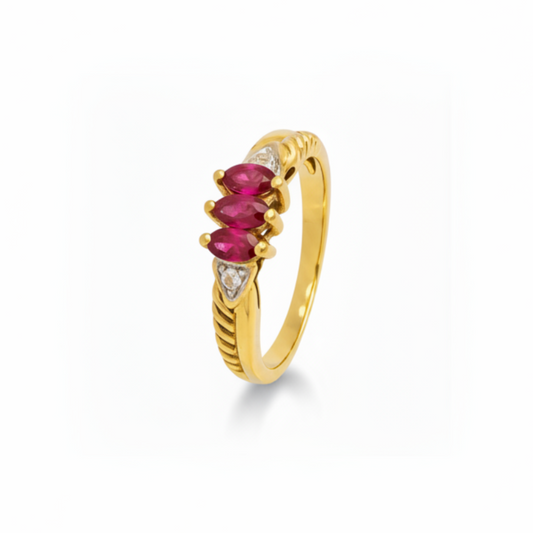 10K Yellow Gold Vintage Three Ruby and Diamond Ring