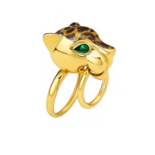 Yellow Gold Tiger Head Ring with Green CZ eyes, 18k, 4.05gr